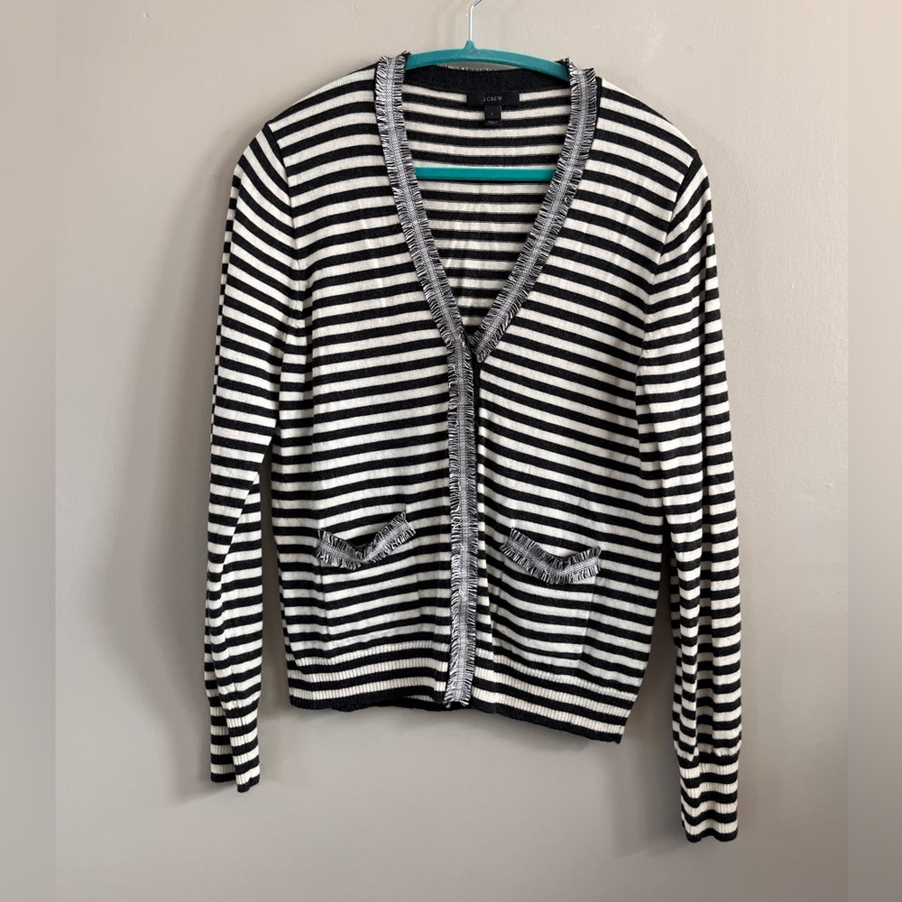 J. Crew Black and White Striped‎ Cardigan 100% Wool
